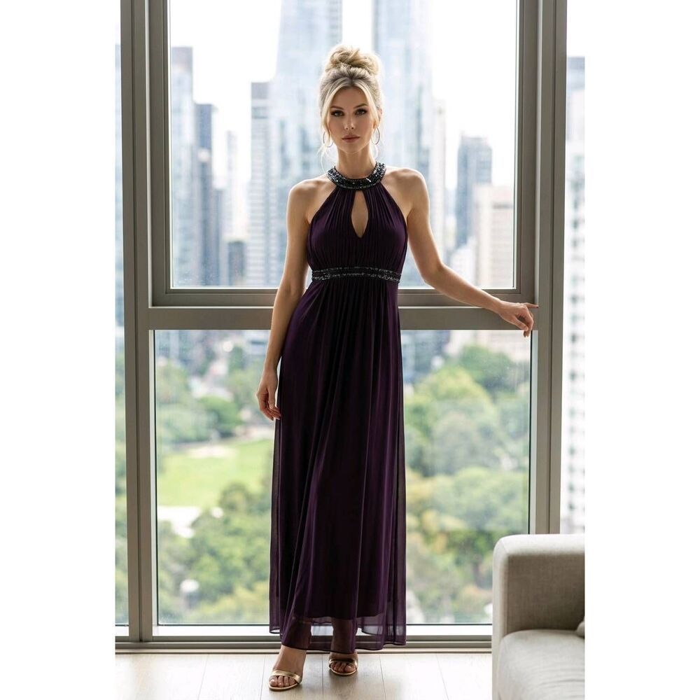 🔹️Cache Eggplant Beaded Halter Formal Maxi Dress Size 4